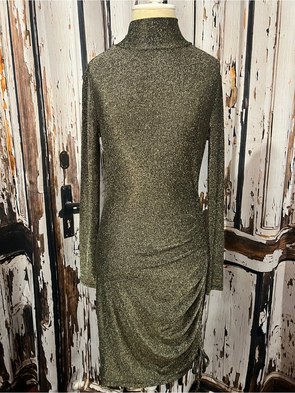 Metallic Olive Long-Sleeve Ruched Mock Neck Dress